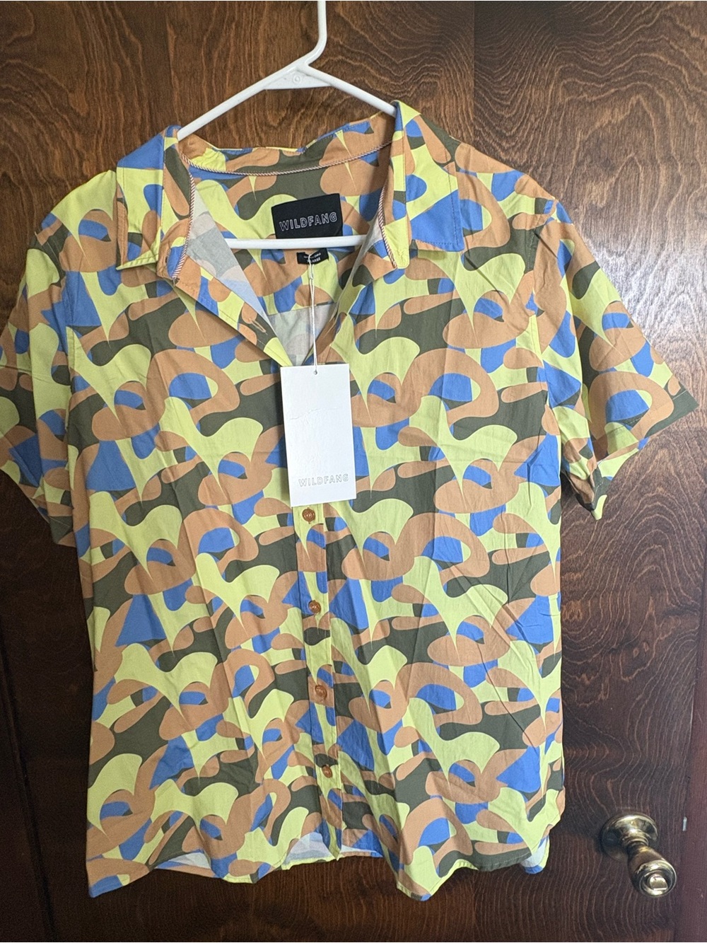 Wildfang Short Sleeve Button-Up Shirt in Yellow, Blue, Brown